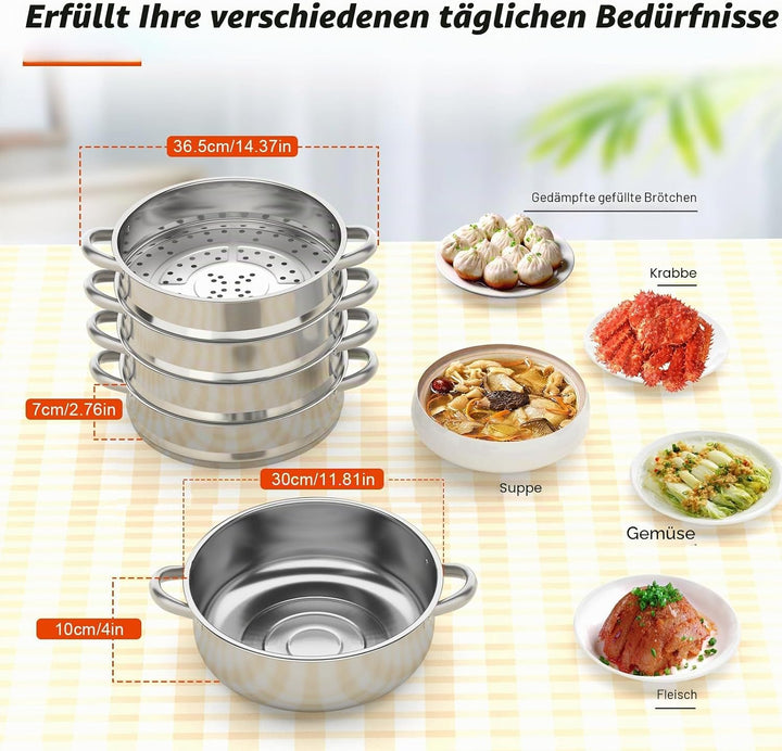 5 Etagen Mantowarka Dampfkocher mit Glasdeckel, Dampfgarer Topf für Induktionsherd, für Gemüse &amp; Dum