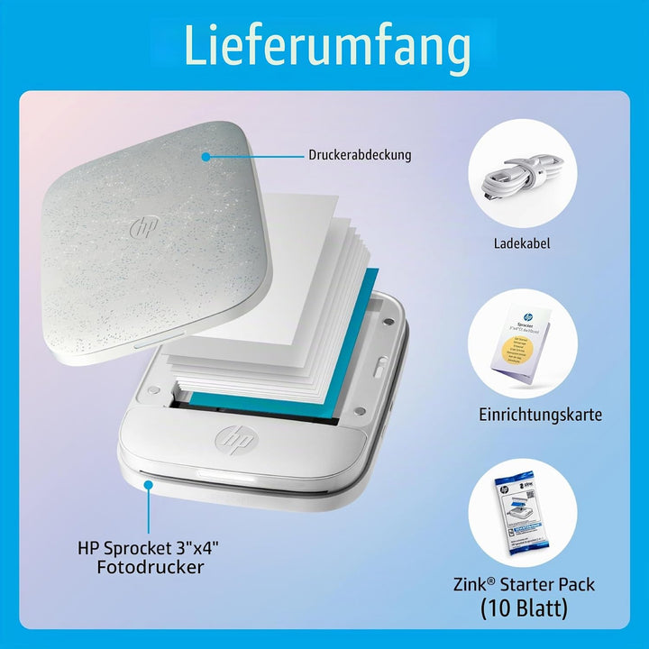 HP Sprocket 3x4" Sofortbilddrucker für Smartphones- Tragbarer, kabelloser Farbdrucker - Zink-Fotopap