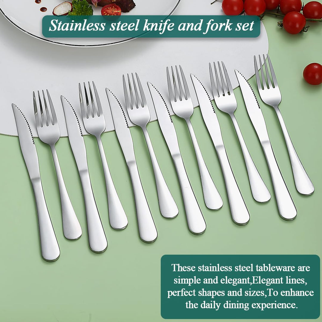 Evanda Steakbesteck 12 teilig, Edelstahl 6 Tafelgabeln und 6 Tafelmesser Set, Steakmesser Steakgabel