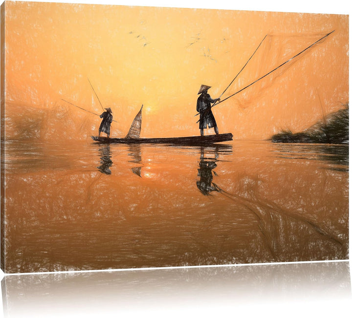 Pixxprint Fisher beim Angeln im Mekong-Fluss in Thailand Kunst Buntstift Effekt, Format: 100x70 auf