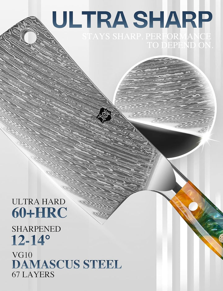 WILDMOK Fleischerbeilmesser 16.5 cm Hackbeil Küchenmesser Hackmesser Metzgermesser Damaststahl für H