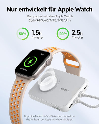 VEGER Mini Power Bank 20W PD, 10000mAh Powerbank mit Apple auf USB C Kabel, mit Apple Watch Laden, 2