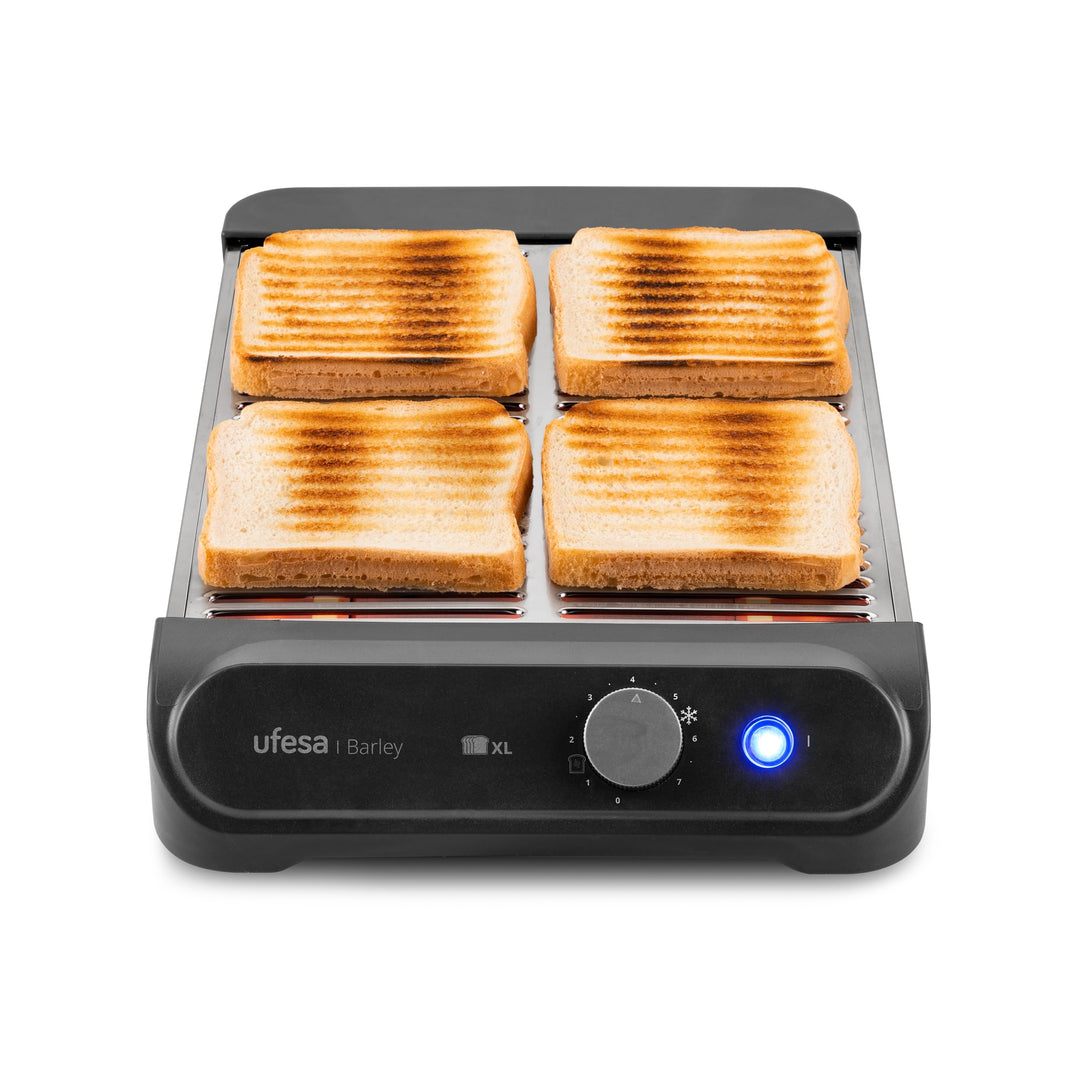 Ufesa Flacher Toaster Barley, 900W mit 3 Quarz-Heizelementen, Horizontaler Edelstahl-Toaster, XL-Grö