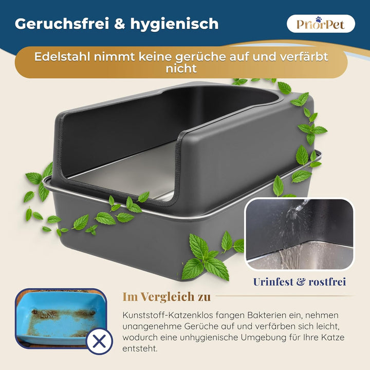 Katzenklo Edelstahl XXL Matt Schwarz – Leicht zu reinigen, geruchsresistent – Katzentoilette mit hoh