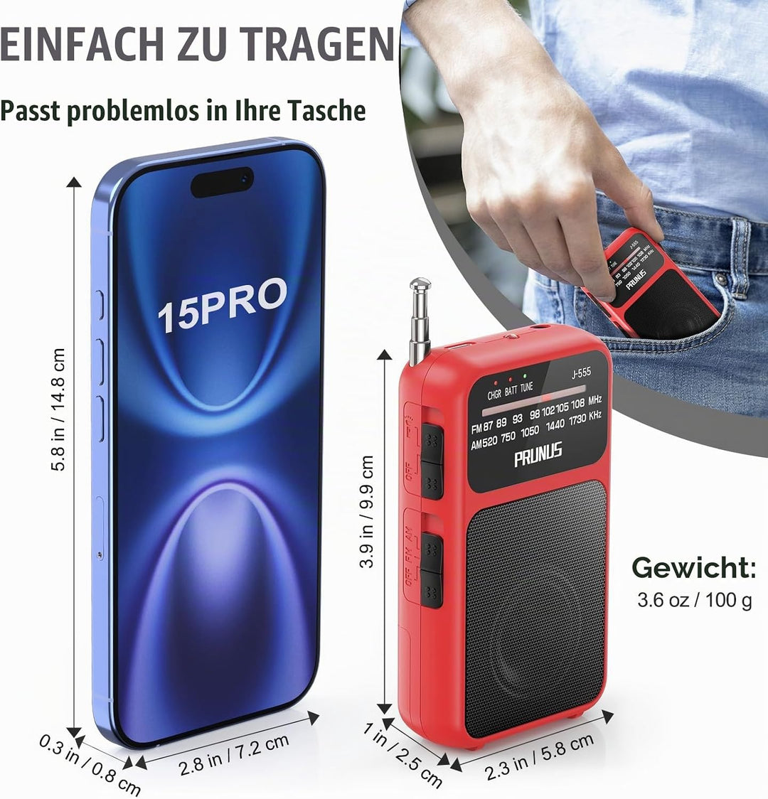 PRUNUS J-555 AM/FM/UKW Radio Klein, Kleines Radio mit Akku, USB-C-Laden, Mini Radio Batteriebetriebe