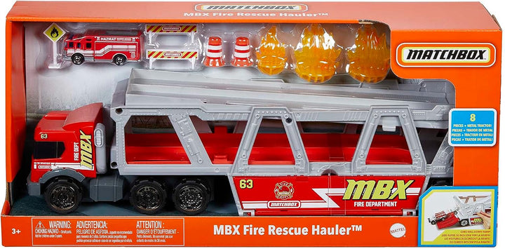 Matchbox HHJ12 - Feuerwehr-Rettungswagen Spielset, 1 Feuerwehr- Fahrzeug, Platz für 16 Autos, leicht