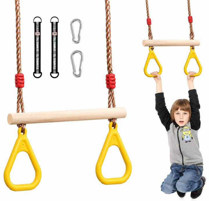 Morwealth Multifunktions Kinderholz Trapeze Schaukel mit Kunststoffringen Turnringe Ringe zum Aufhän
