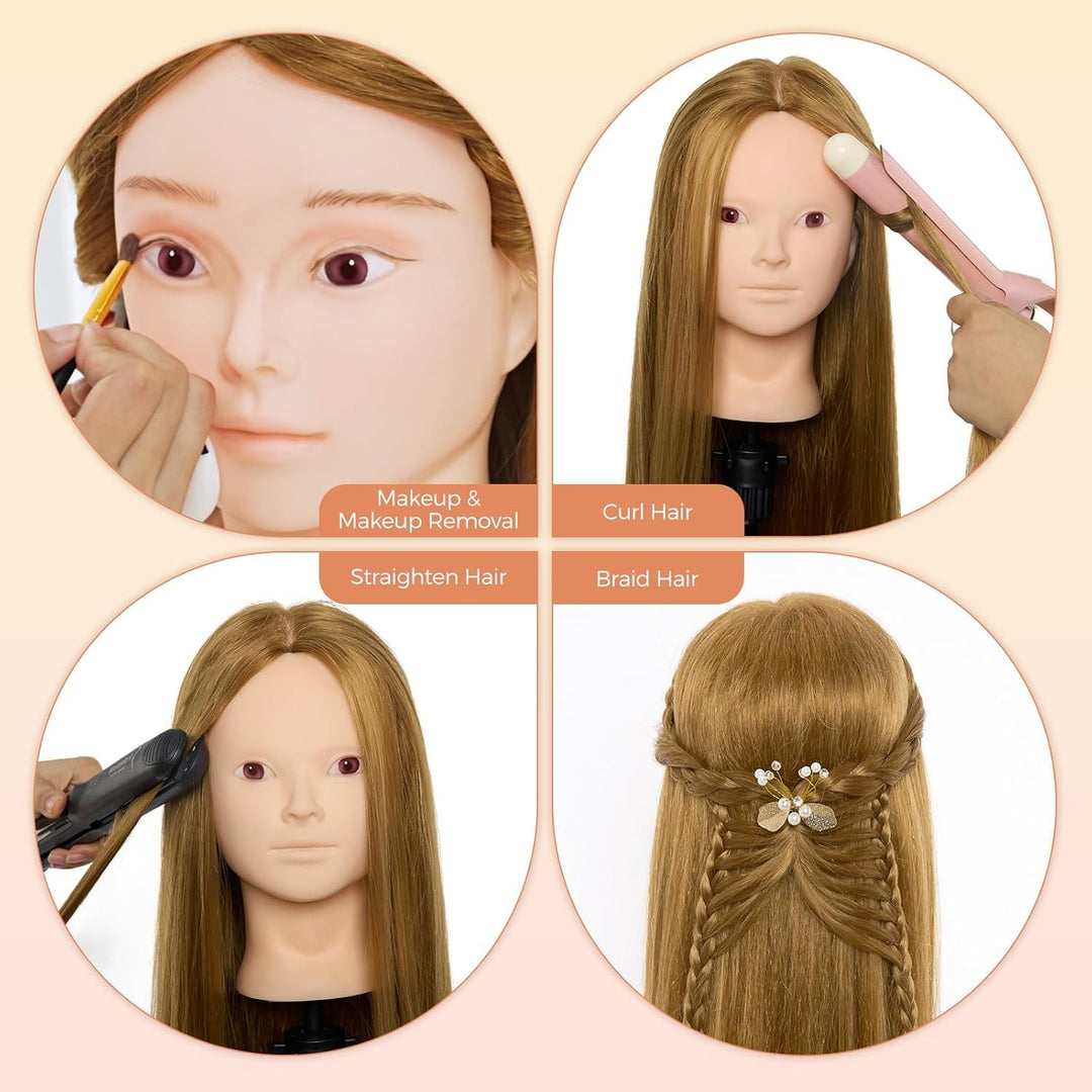 Neverland 24 inch Schminkkopf Frisierkopf Friseur mit Ständer 50% Echthaar Haar Übungskopf Trainings