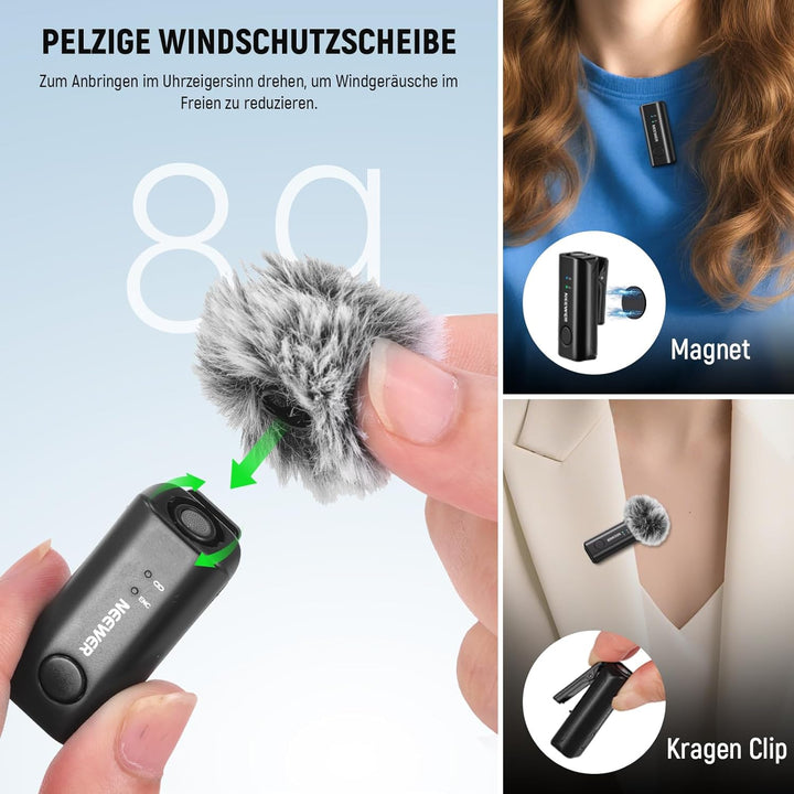 NEEWER Kabelloses Lavalier Mikrofon, 48kHz/24Bit, 8 Std. Akku, Geräuschunterdrückung, omnidirektiona