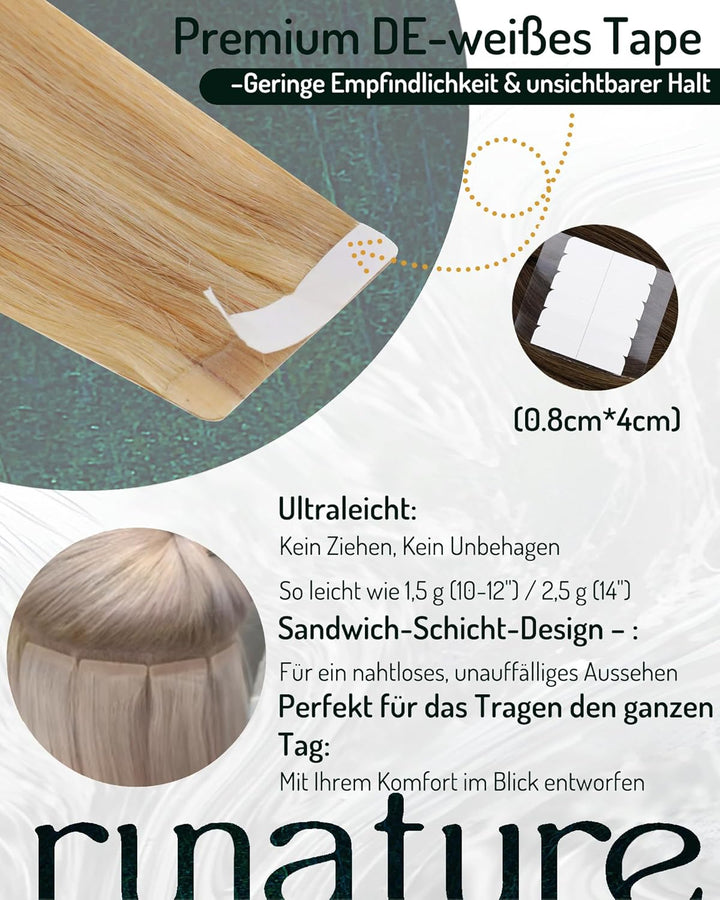 RUNATURE Tape in Extensions Echthaar Blond Highlights 55cm Tape Extensions Echthaar Goldblond Mit He