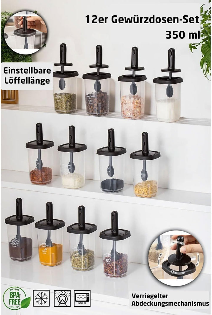 Gewürzbehälter Auswahl, Modernes Design Weiss Silber für Küche (12er Set | 350 ml L), 12er Set | 350