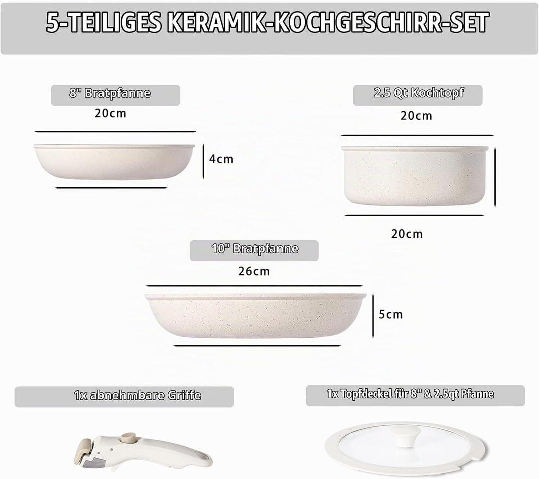 Keramik Töpfe &amp; Pfannen 5-teilig, 20/26cm Ungiftiges Kochgeschirr Set, Antihaft beschichtete Pfanne