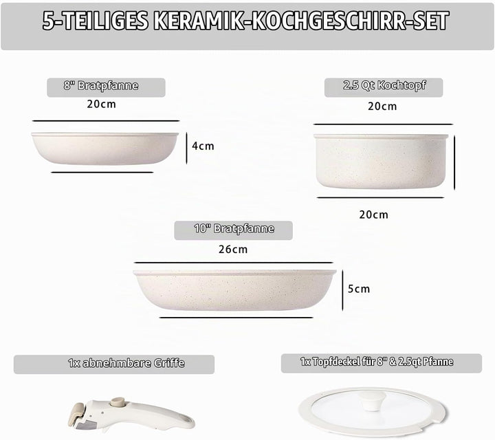 Keramik Töpfe &amp; Pfannen 5-teilig, 20/26cm Ungiftiges Kochgeschirr Set, Antihaft beschichtete Pfanne