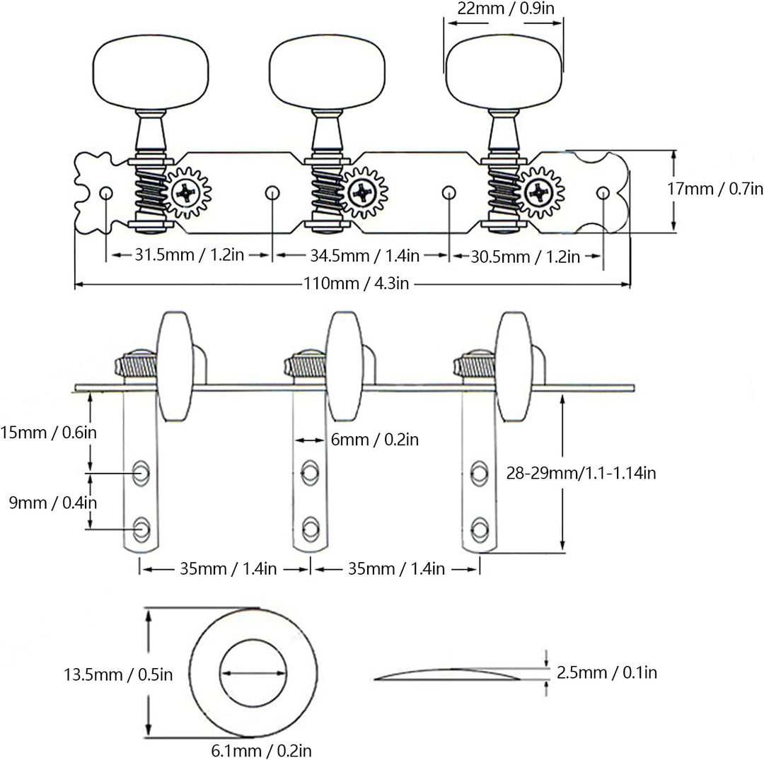 Gitarren-Stimmwirbel 3L+3R, Mechaniken für akustische Gitarren mit Doppelloch Befestigung, Chrom & W