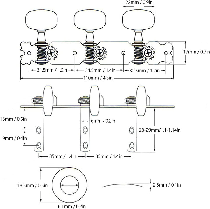 Gitarren-Stimmwirbel 3L+3R, Mechaniken für akustische Gitarren mit Doppelloch Befestigung, Chrom & W
