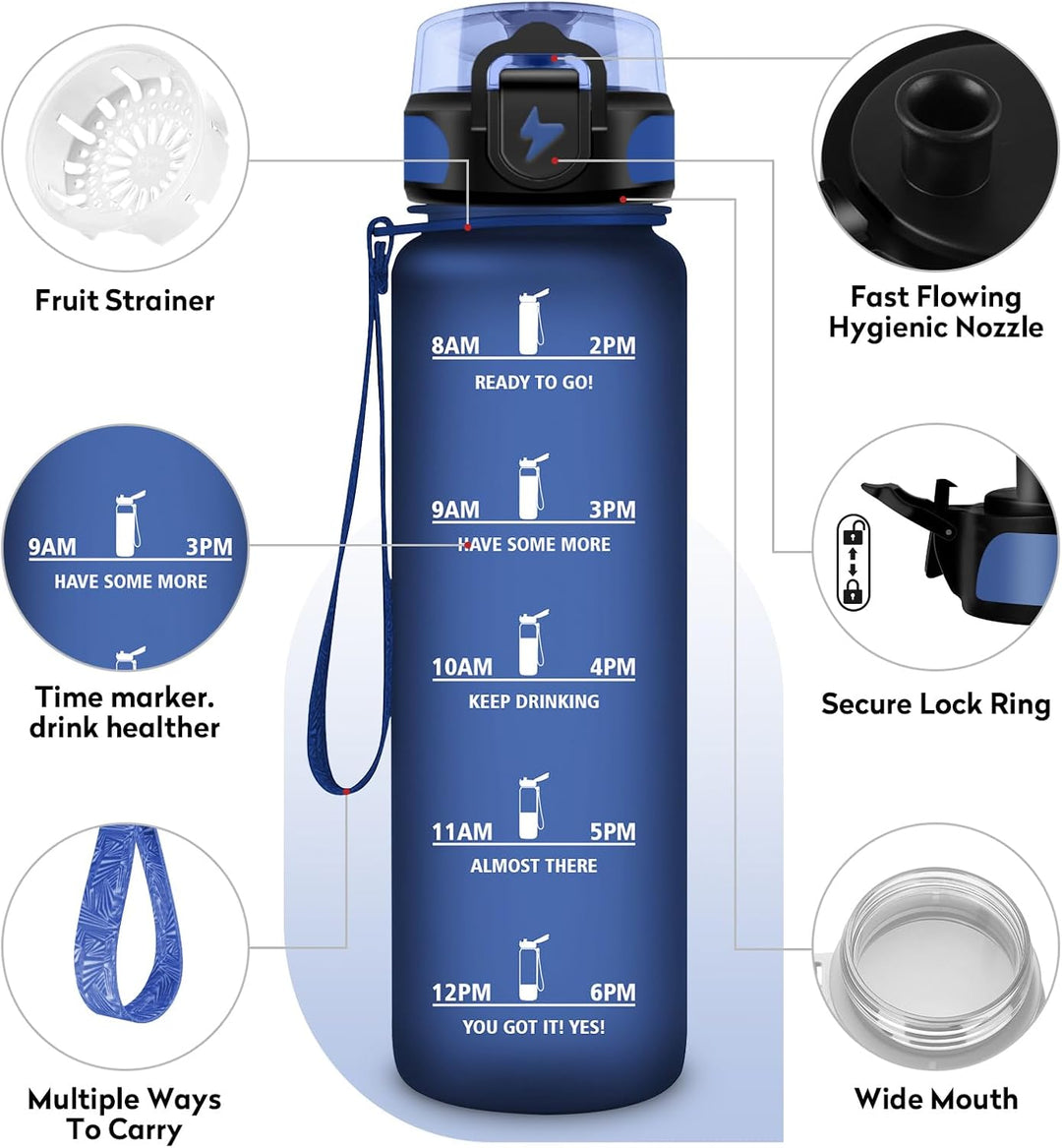 Trinkflasche 500ml/1L, Trinkflasche mit Zeitmarkierung und Filter, Auslaufsicher Wasserflasche Kohle