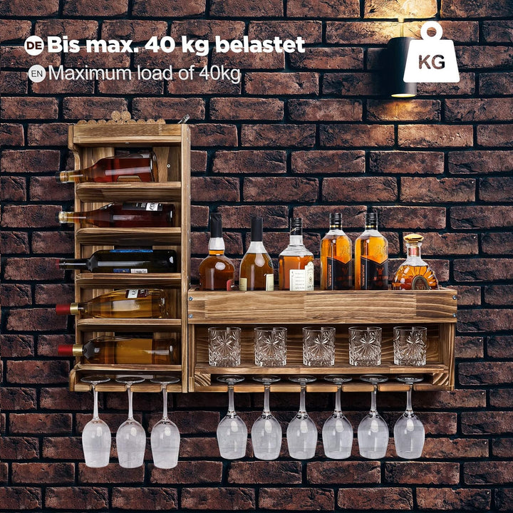 Yorbay Weinregal Palette Beflammt Holz, Wandbar mit Korkhalter, für Weingläser,Whiskygläser,Flaschen