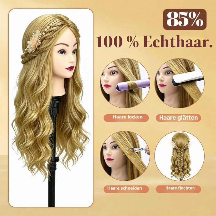 Yofuly 22Zoll / 56cm Frisierkopf, 85% Echthaar Übungskopf, Frisieren Trainingsköpfe Puppenkopf Frise