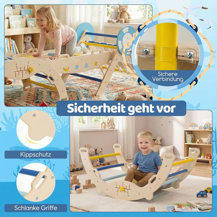COSTWAY Klettergerüst Indoor 3er Set, klappabres Kletterdreieck mit Rutsche, Kletterbogen, Netz, ink