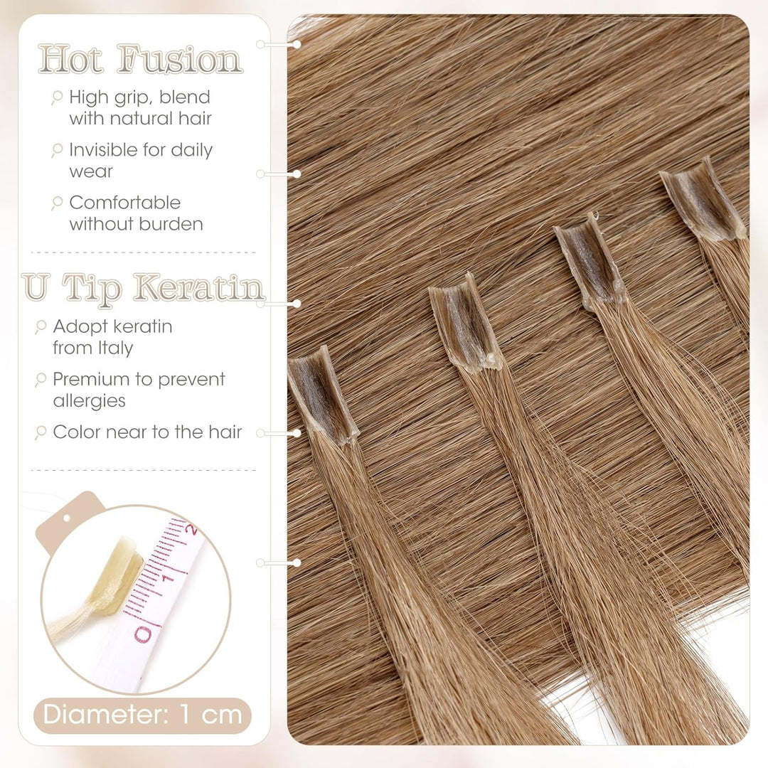 Elailite Echthaar Extensions Bondings 1g/s 40cm #12 Weissbraun, U Tip Hair Extensions Keratin 50 Str