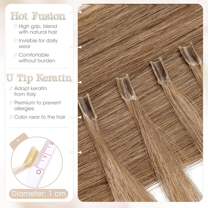 Elailite Echthaar Extensions Bondings 35cm #12 Weissbraun, U Tip Hair Extensions Keratin 50 Strähne