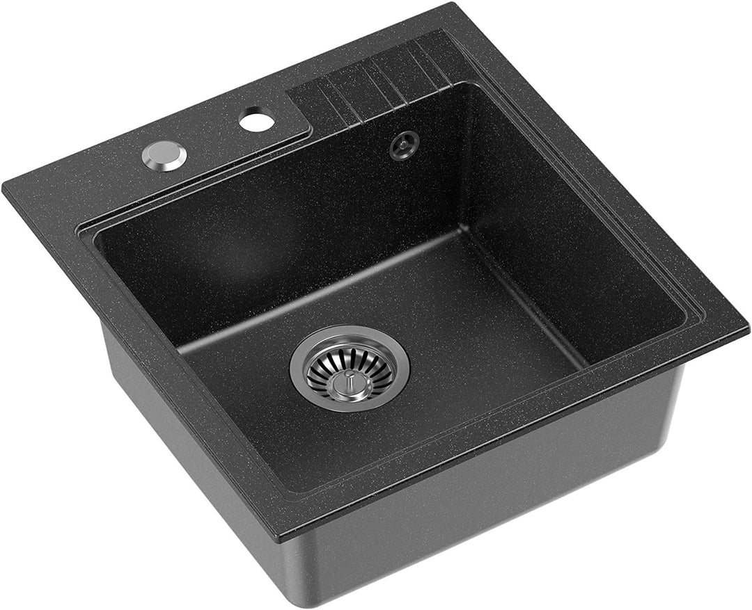 VBChome Spüle 52 x 50 cm Schwarz Tiefes Becken 20cm Küche Einbauspüle Verbundspüle Küchenspüle Einze