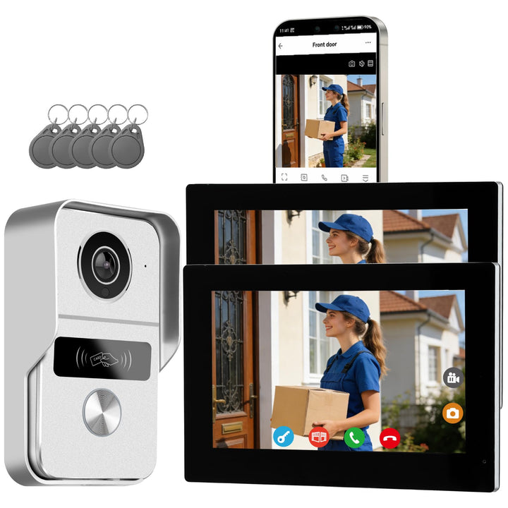 1080p Video Türsprechanlage mit Türöffner für Einfamilienhäuser mit 2- Monitoren,Nachtsicht, Zwei-We