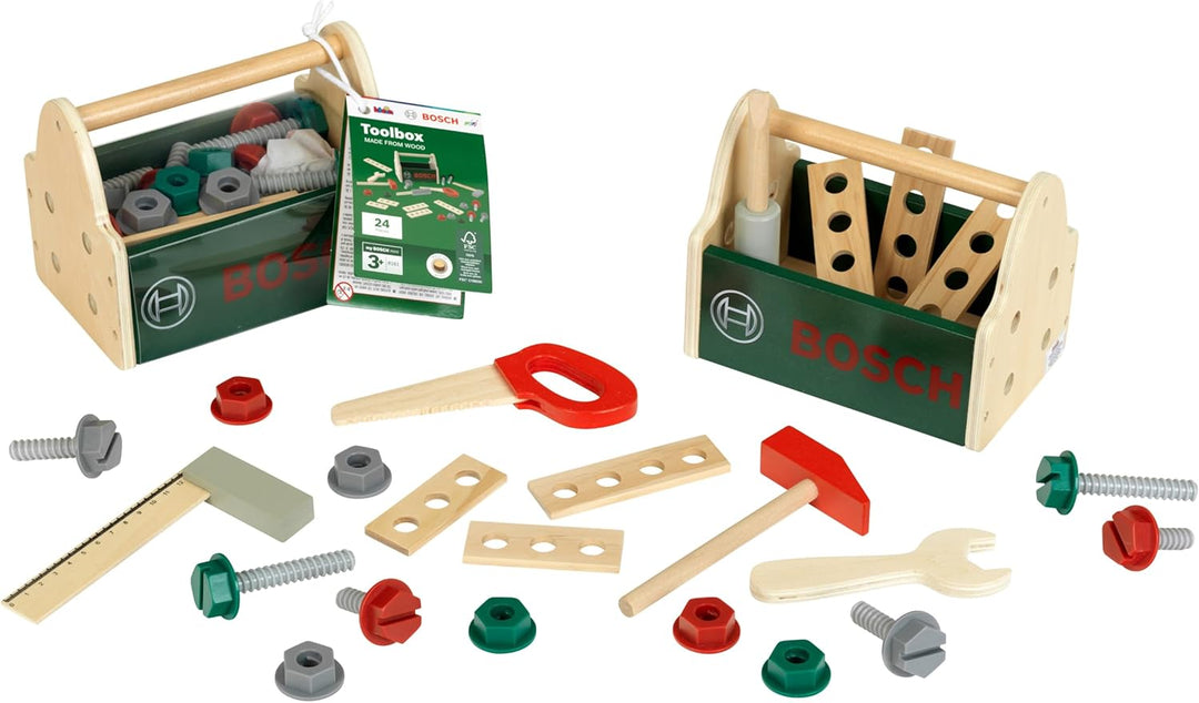Theo Klein 8161 Bosch Werkzeug-Box aus Holz I Stabile Box mit praktischem Tragegriff I Inkl. Werkzeu