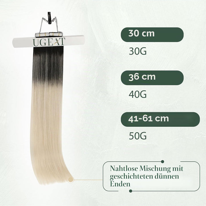 Ugeat Echthaar Extensions Tape Balayage Schwarz mit Aschblond bis Platinblond 35cm 20Stücke Haarverl