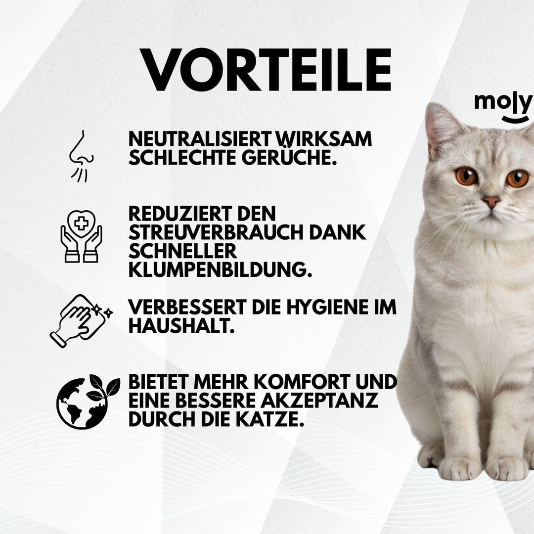 MOLY 2 x Bentonit-Katzenstreu mit Aktivkohle, 5,6 kg, 7,4 l, hohe Saugfähigkeit, mit Lavendel- und T