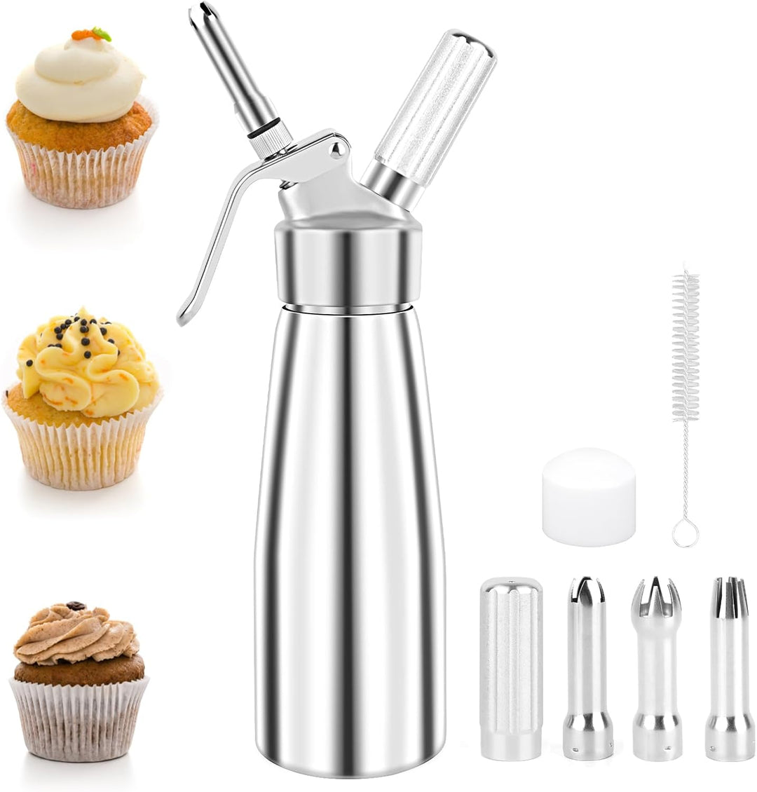 talifoca 500ml Sahnespender, Sahnespender aus Aluminium, Sahnesyphon Aluminium mit 3 Edelstahl Deko-
