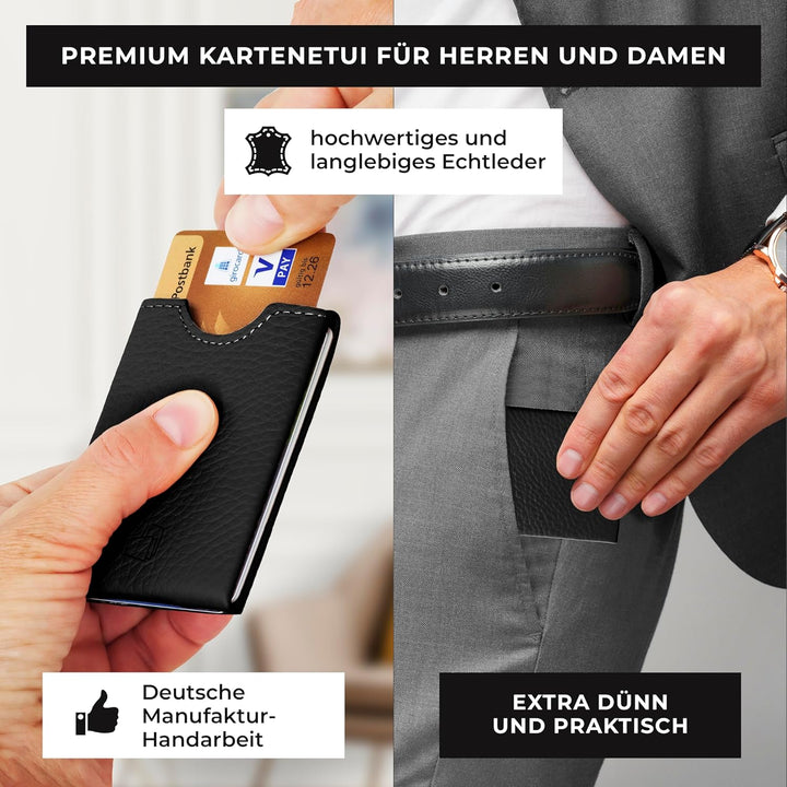 W4LLET® Kartenetui Herren, Strukturleder Schwarz | Echtleder, Premium RFID Schutz | Handgefertigt in
