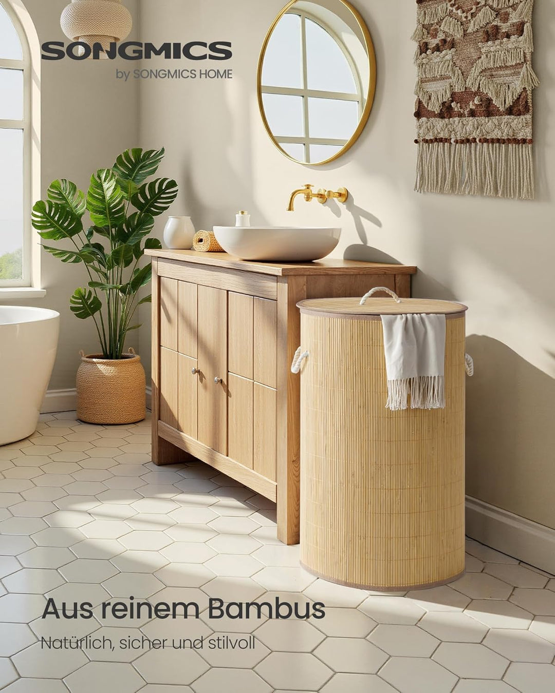 SONGMICS Wäschekorb mit Deckel, 90 L, Wäschesammler Bambus, rund, Wäschebox mit Griffen, faltbar, Wä