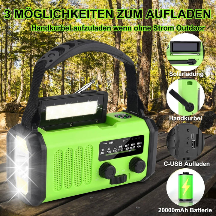 20000mAh Solar Radio, Tragbar Kurbelradio AM/FM Notfallradio mit 10000mAh Wiederaufladbar Powerbank,