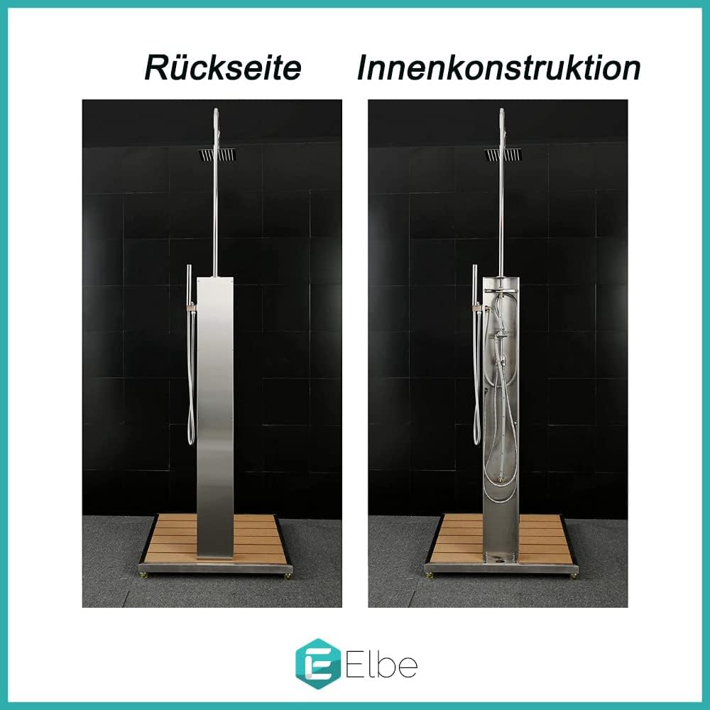 Elbe® Gartendusche aus gebürstetem Edelstahl 304, Überkopfdusche, Fussdusche und Handbrause, mit Ein