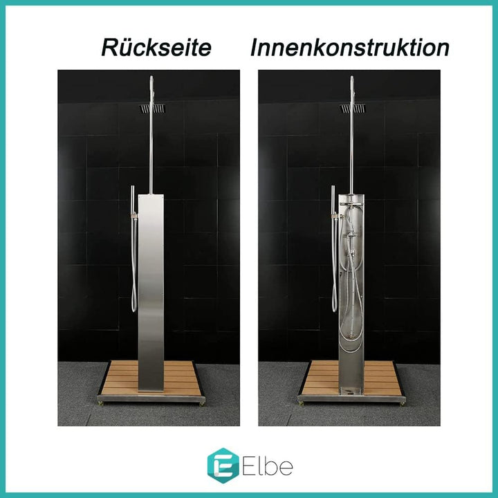 Elbe® Gartendusche aus gebürstetem Edelstahl 304, Überkopfdusche, Fussdusche und Handbrause, mit Ein