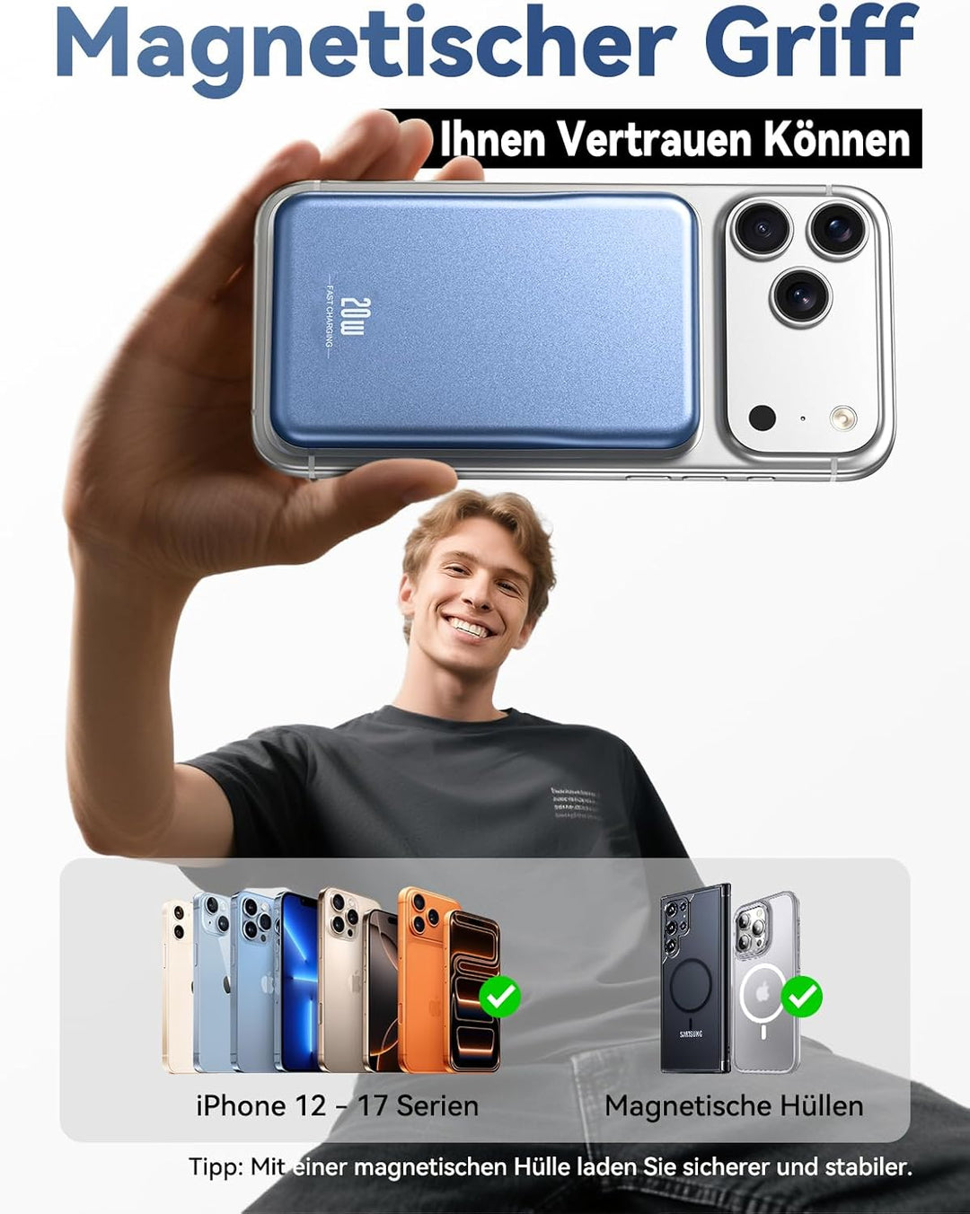 Powerbank für MagSafe 10000mAh, Magnetische Powerbank ohne Kabel, 20W PD Schnellladegerät, Kabellos