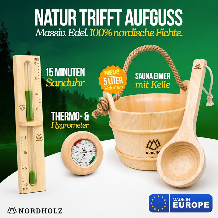 Sauna Eimer mit Kelle aus 100% nordischer Fichte - Hochwertiges Sauna Zubehör - Einsatz, Hanftragese