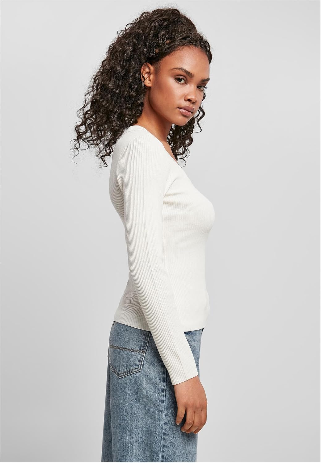 Urban Classics Damen Strickpullover Langarm mit weitem Ripp-Rundhalsausschnitt, leichtes Strick-Swea