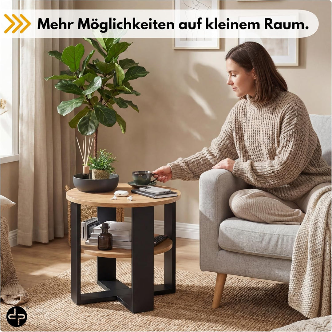 Couchtisch rund Eiche – Kleiner Beistelltisch mit Ablage - 2 Ebenen, runder moderner Kaffeetisch im
