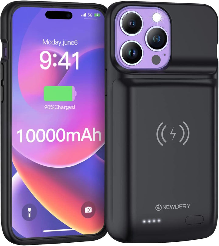 NEWDERY Akkuhülle für iPhone 14 Pro Max/14 Plus 10000mAh Batteriefach Qi Wireless Charging Case, Syn
