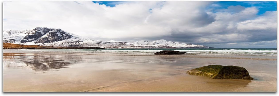 Wandbild auf Leinwand als Panorama in 150x50cm Norwegen Fjord Berge Schnee Meer Wolken