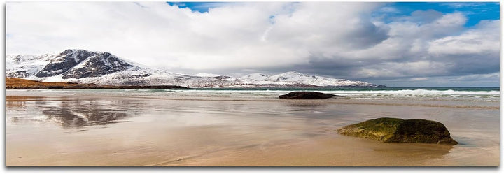 Wandbild auf Leinwand als Panorama in 150x50cm Norwegen Fjord Berge Schnee Meer Wolken