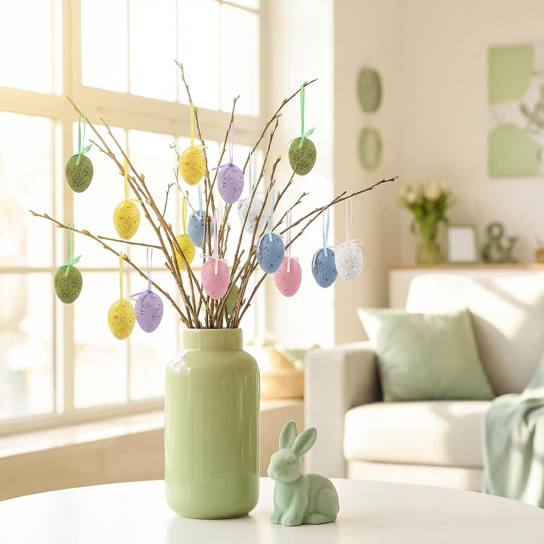 Ostern Deko 24Stück Ostereier zum Aufhängen - Brechfeste Aufhängung Ostereier Deco mit Grünem Raffie