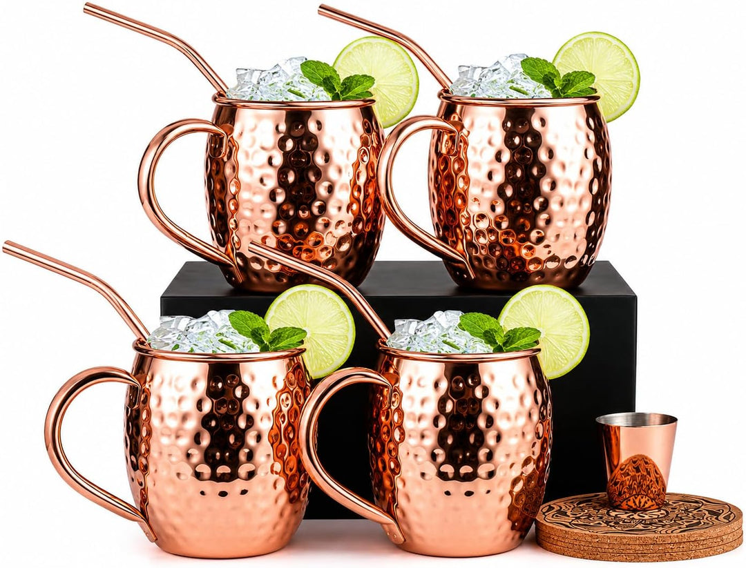 Eligara Moscow Mule Becher Kupferbecher Gehämmert und Handgefertigt Kupfertassen mit 4 Gläsern, 4 Un