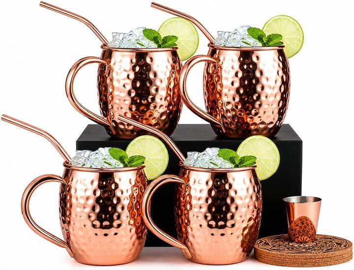 Eligara Moscow Mule Becher Kupferbecher Gehämmert und Handgefertigt Kupfertassen mit 4 Gläsern, 4 Un
