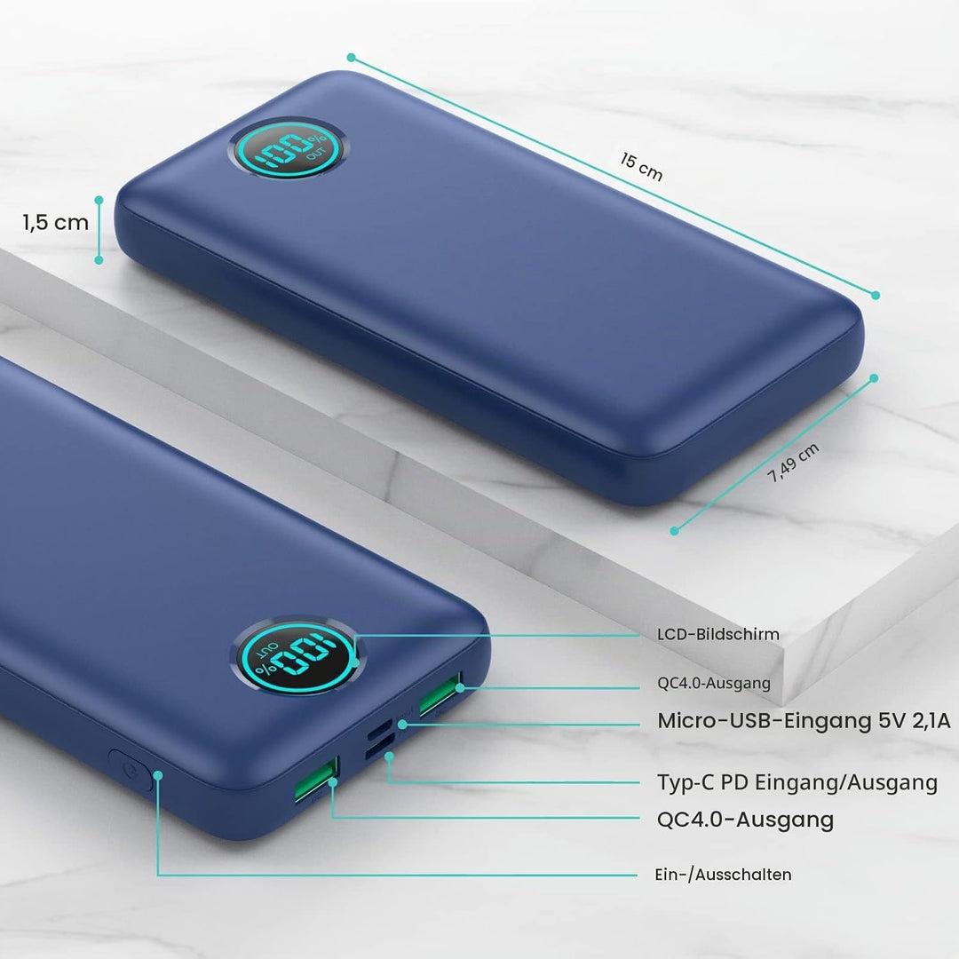 Power Bank USB C mit Kabel 26800mAh, PD 25W QC4.0 Schnellladung Powerbank, 5 Ausgängen Externe Handy