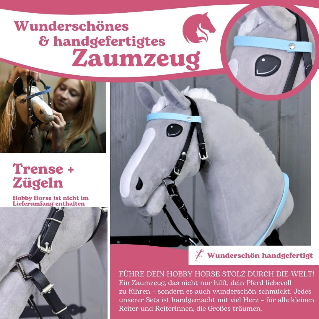 LarDen Hobby Horse Trense mit Zügeln | Komplettes Zaumzeug ohne Nasenriemen Light Blue | Hobbyhorse
