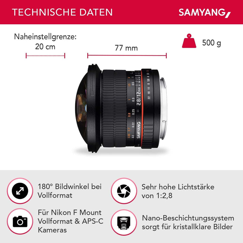 Samyang 12/2,8 Objektiv Fisheye DSLR Nikon F AE manueller Fokus automatischer Blendenring Fotoobjekt