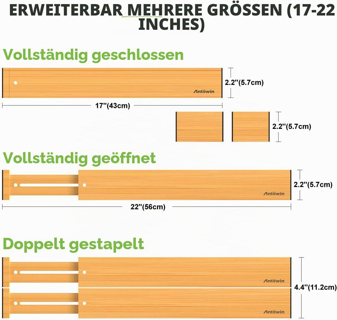 ANTOWIN Schubladentrenner Verstellbar Bambus (43-56 cm), Schubladen organizer, gefedert, Küche, Komm